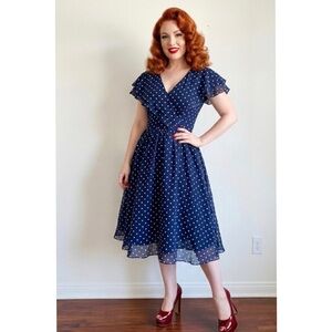 Vintage Opening Night Rockabilly Blue White Polka Dot Made In USA Midi Dress 7/8